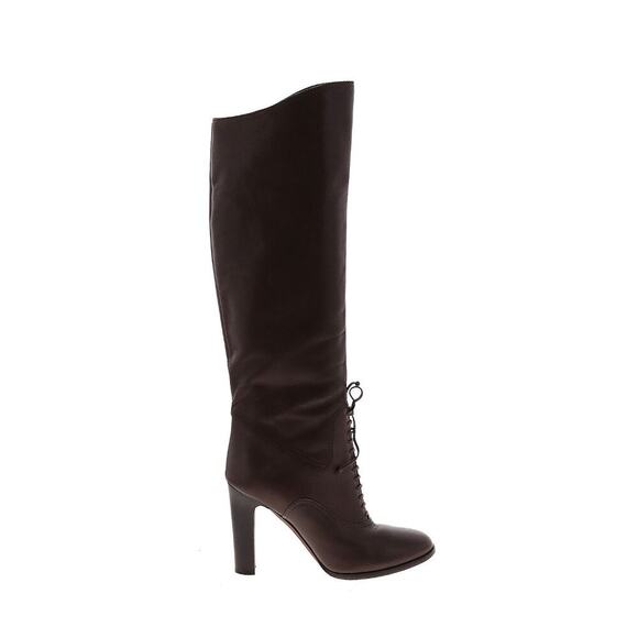 Tom Ford Knee High Leather Boots 39.5 Brown Riding Stiletto Block Heel Lace Up - Picture 1 of 7